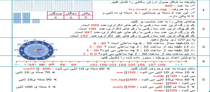 نمونه سوالات آزمون فصل چهارم 4 عددهای سه رقمی ریاضی دوّم دبستان